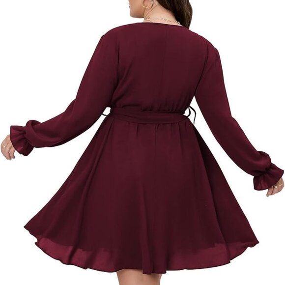 Women's Plus Size 3XL Long Sleeve Wrap V Neck Tie Waist A Line Dress Burgundy - Picture 4 of 11